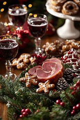A festive Christmas table spread with roast ham, gingerbread cookies, and mulled wine