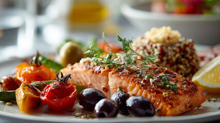 delicious plate of grilled salmon garnished with herbs, accompanied by roasted vegetables, olives, and quinoa salad, creating vibrant and appetizing meal