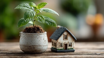 A small plant in a pot next to a miniature house on a wood surface