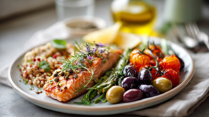 Grilled salmon with herbs, capers, and lemon served alongside roasted vegetables, olives, and quinoa salad on white plate