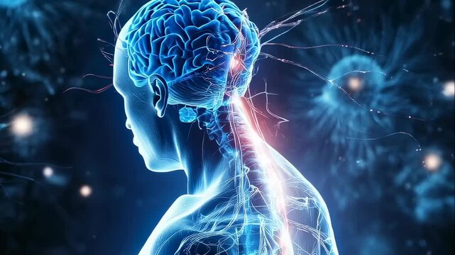 Human neurology showing brain activity and spinal cord impulse. Central nervous system function with neural network and neurotransmission process.
