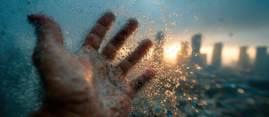 A hand presses against a wet surface, city in background, sunlit and blurred