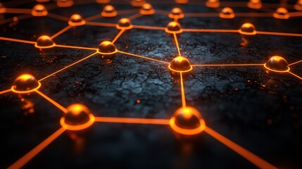Orange glowing spheres connected by lines on a textured, dark surface