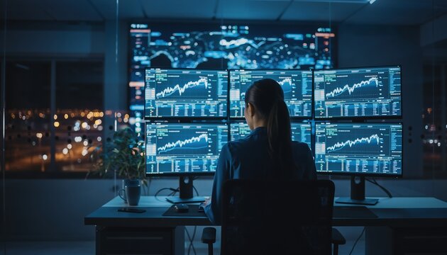 Dedicated financial analyst monitoring dynamic stock market data on multiple screens in a modern trading room