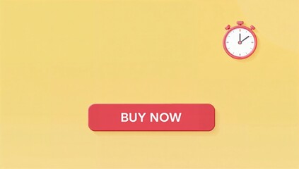 Minimalist design with a red stopwatch and 'Buy Now' button against a yellow background, emphasizing urgency and call to action. Copy space