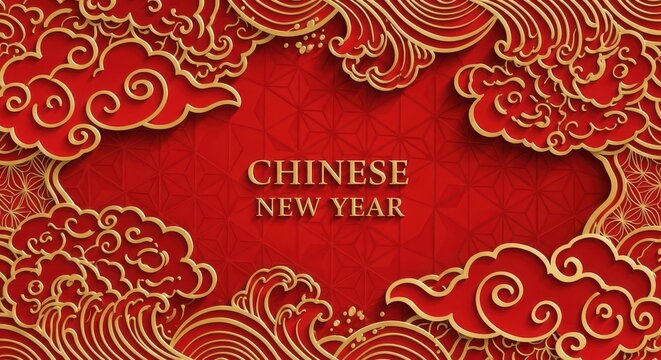 Chinese new year greeting with traditional red and gold clouds and waves, evoking a sense of auspiciousness and celebration