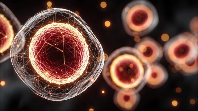 Visualization of Vitamin C supporting immunity and health, microscopic cells glowing in motion