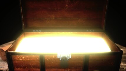 Glowing Treasure Chest Illuminates Coins and Map on Wooden Surface, Evoking Mystery and Adventure with Light, Skull, Candle, and Telescope in Mysterious Scene
