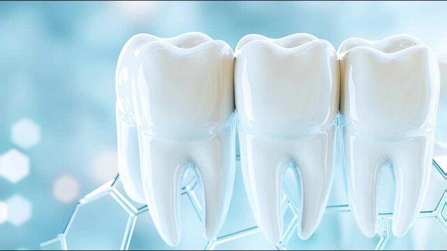 3D realistic tooth surrounded by Vitamin D and calcium particles, bright clean dental health concept visualization