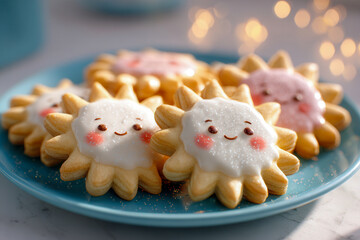 Cute sun-shaped cookies decorated with smiling faces and white and pink icing on a blue plate with soft glowing lights in the background