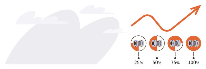 Growth chart with four progress indicators showing 25 to 100, orange upward arrow, and abstract cloudy background. Ideal for success, progress, business, finance, startup, analysis goal-setting