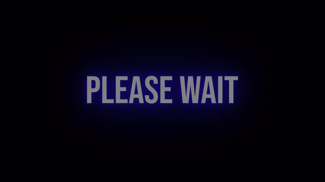 please wait blue neon glowing text animation with transparent background