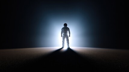 Fototapeta premium Astronaut standing, bathed in bright light on dark surface
