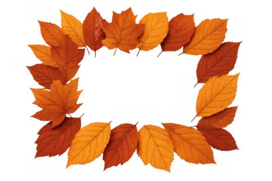 Autumn leaves forming horizontal and vertical borders creating a rectangular frame on a transparent background