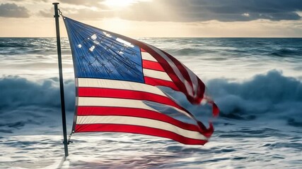 American flag waving vigorously in the wind amidst crashing ocean waves during a stormy day - Powered by Adobe