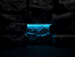 Mysterious blue glow through dark rock formation in abstract cave environment