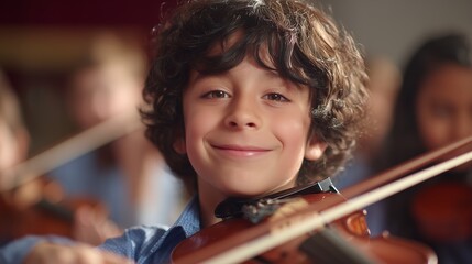 Smiling young student playing violin in a classroom setting with other children visible in the background, concept for music education, child development and creative learning
