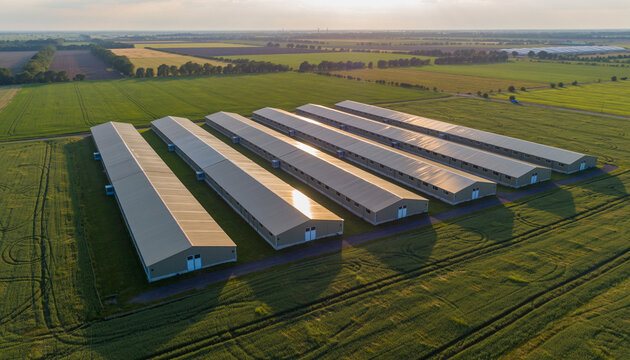 Aerial view of a modern agricultural complex with long farm buildings.