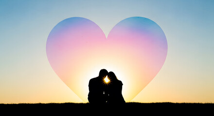 Romantic couple silhouette with heart shape at sunset, embracing love and connection