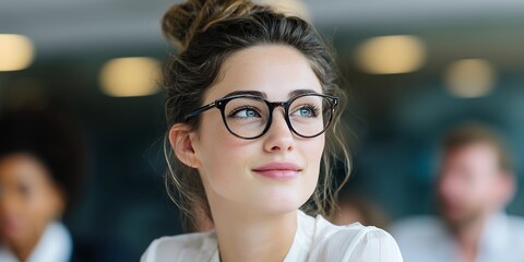 Close-up of a young female marketing director with glasses looking up with colleagues in the background, concept for executive presentation, creative meeting and business strategy