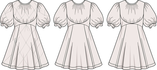 Elegant puff sleeve dress fashion template with front and back technical sketch details, curved panel seams, flared silhouette, stylish apparel CAD illustration