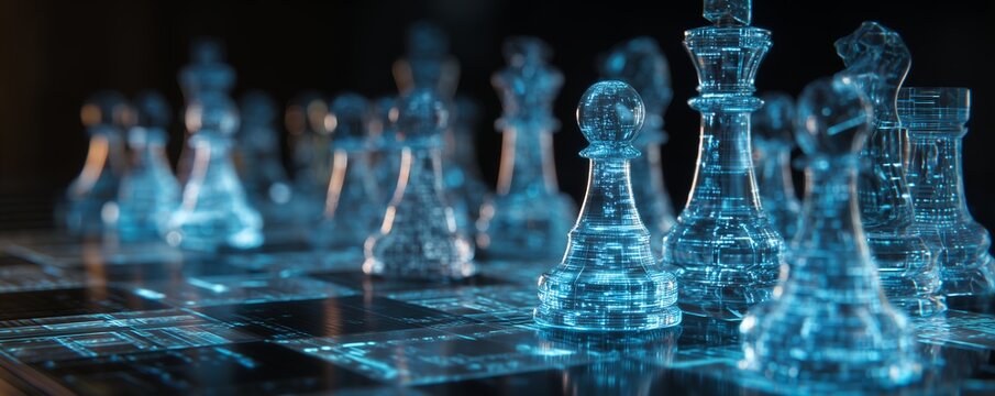 Futuristic chess pieces on a circuit board chessboard, concept for strategic technology planning, cybersecurity visualization and digital transformation initiative - Powered by Adobe