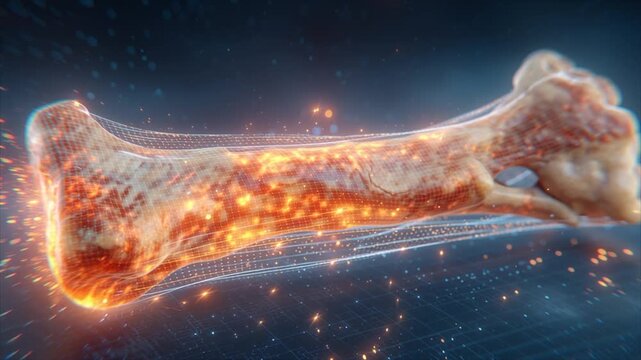 Bone broth protein animation showing dense bone structure glowing with collagen fibers and calcium strength