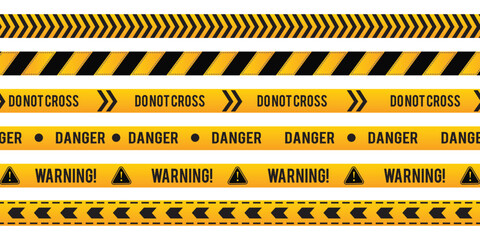 Vector collection of yellow striped police tape in seamless pattern do not cross, danger, warning Seamless Vector collection