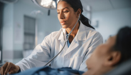 Attentive Doctor Examining Patient with Stethoscope in Hospital.