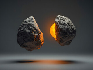 Two rock formations split revealing a glowing orange sphere, abstract concept