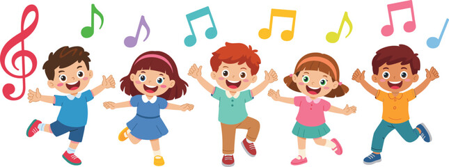 Happy cartoon children dancing together with colorful music notes, joyful kids activity illustration for education, celebration, fun movement and creative learning visuals