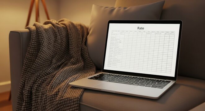 Open laptop on couch displaying financial spreadsheet in cozy living room setting - Powered by Adobe