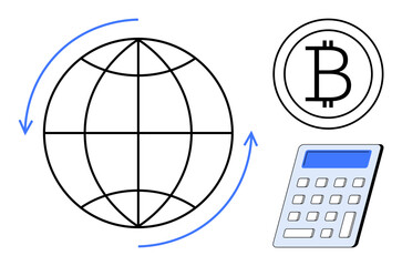 Globe symbolizing global finance, Bitcoin sign representing cryptocurrency, and calculator indicating financial calculation. Ideal for cryptocurrency, blockchain, global trade, e-commerce, fintech