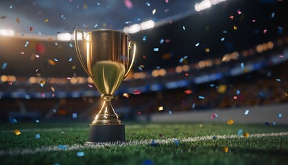 Shining golden trophy on a vibrant sports field, symbolizing epic victory and championship celebration
