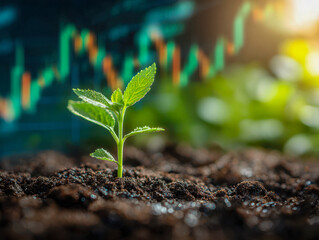 Fototapeta premium Young green plant sprouting from rich soil with blurred financial chart in background symbolizing growth and investment potential for future success