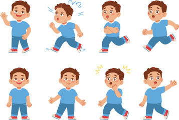 Cute cartoon boy showing different emotional expressions and actions, character animation poses, kids illustration set for education, storytelling, learning design