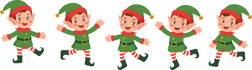 Cute Christmas elves dancing happily in festive costume, joyful holiday illustration, cheerful children characters, winter celebration art for seasonal design