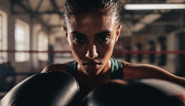 Intense female boxer sweating in the ring, ready for a powerful workout.