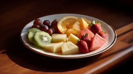 A vibrant platter of assorted fresh fruits sliced and arranged on a ceramic plate bathed in d d sunlight on a wooden table