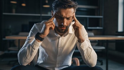 Stressed young businessman suffering from a headache in a dark office setting