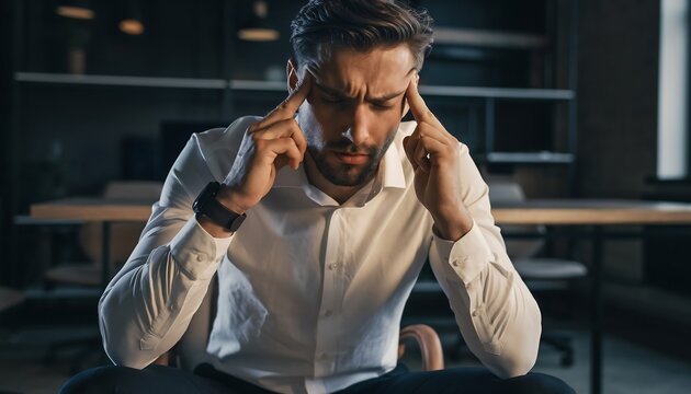 Stressed young businessman suffering from a headache in a dark office setting