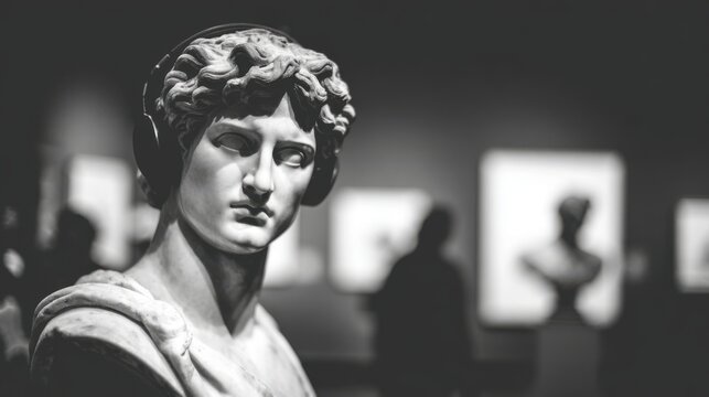 Classical statue with headphones in art museum