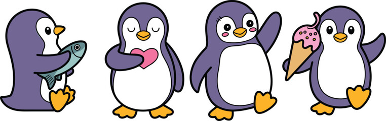 Cute cartoon penguin characters in various adorable poses including holding fish heart dancing and eating ice cream, fun kids vector illustration