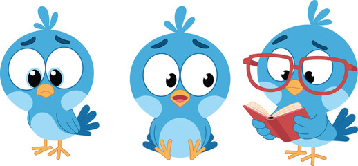 Cute blue cartoon birds with adorable expressions and reading book, playful animal characters perfect for kids education, vector illustrations and clipart designs