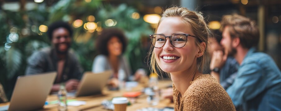 Portrait of smiling project manager with team at meeting table and laptops, concept for collaborative workspace, team building activities and startup incubator programs
