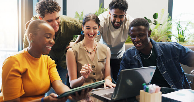 Tech, marketing team or meeting in creative agency to review proposal, plan project or brainstorming. Collaboration, brand awareness or happy people with campaign ideas, laptop or tablet for strategy