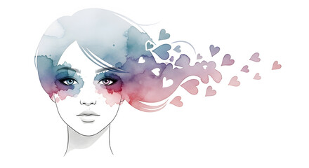 Woman's watercolor portrait with flowing hearts, artistic and emotional illustration