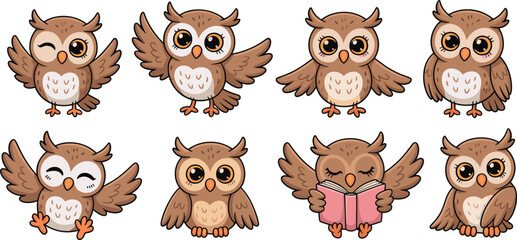 Cute cartoon owl character collection with various poses and expressions, adorable educational bird illustrations for children’s design, stickers, books, and digital artwork