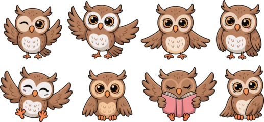 Selbstklebende Fototapeten Eulen Cute cartoon owl character collection with various poses and expressions, adorable educational bird illustrations for children’s design, stickers, books, and digital artwork  © Creative Asif