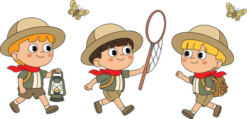 Cute cartoon children explorers walking with lantern, net, and backpack, outdoor adventure illustration with butterflies for education, kids books, and design